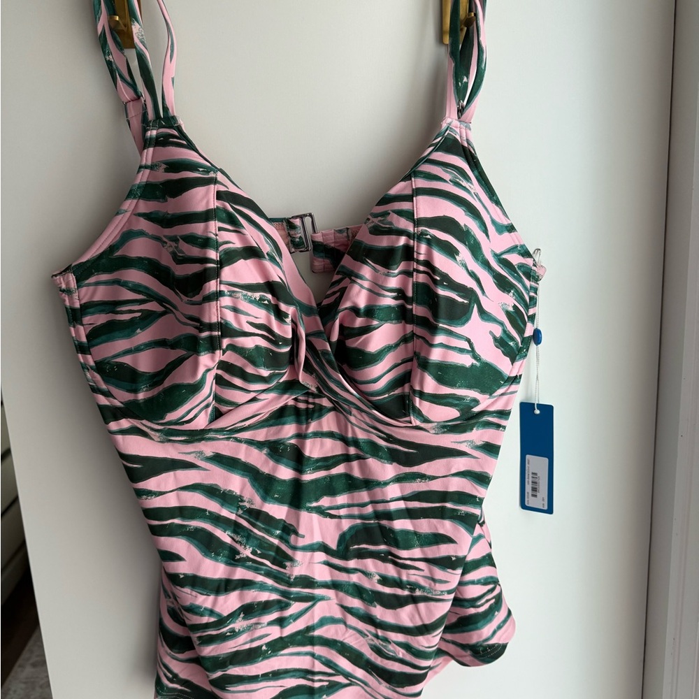 Pink and Green Zebra Print Birdsong Underwire Wrap Tankini Swim Top 38H